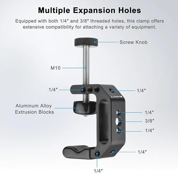 C Clamp Camera Mount with 1/4’’ and 3/8’’ Threaded Holes - 4.5cm Jaw Opening - Max Load 2kg