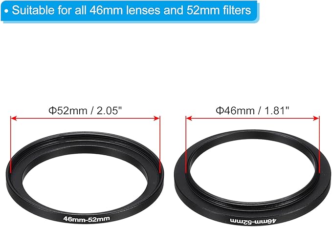 PATIKIL 46mm-52mm Metal Step Up Ring with Cleaning Cloth, 2 Pack Camera Lens Filter Adapter Ring Aluminum Filter Adapter Ring for Camera Lenses Hood, Black
