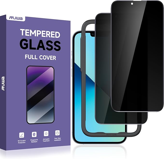 ruwa Privacy Screen Protector for iPhone 13 Pro Max/14 Plus [6.7 Inch][2-Pack] Anti-peep Tempered Glass Film with Easy Installation Alignment Frame
