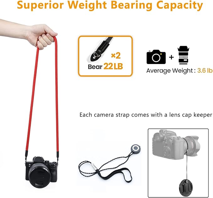 Camera Shoulder Strap Climbing Rope Camera Neck Strap for Mirrorless and DSLR Cameras, with Lens Cap Keeper (Red)