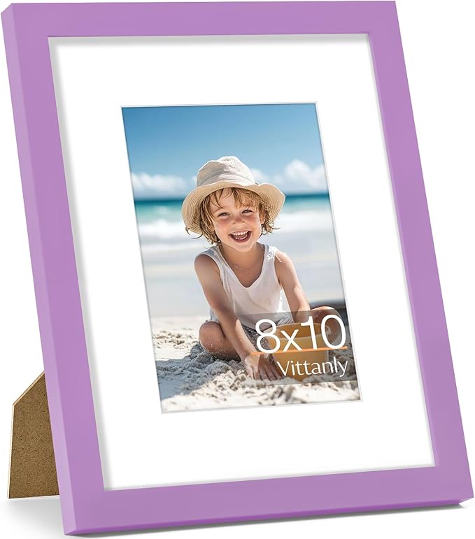 Vittanly 8x10 Picture Frame, Made of Solid Wood and Shatterproof Plexiglass, Display Pictures 5x7 with Mat or 8x10 without Mat, Wooden Photo Frame for Wall Mounting or Tabletop Display, Purple, 1 Pack