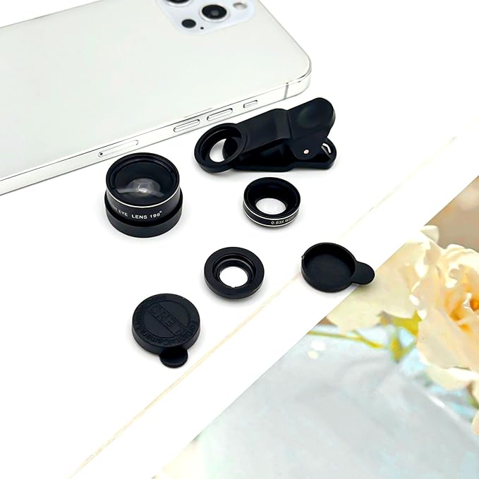 3-in-1 Smartphone Camera Lens Kit – 198° Fisheye, 0.63× Wide-Angle & 15× Macro Clip-On Lens Set for iPhone, Samsung & Android Phones (Black)