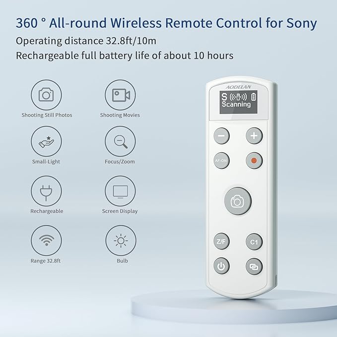 Camera Rechargeable Shutter Release for Sony, AODELAN Wireless Remote Control Zoom Focus Record Compatible with Sony ZV-E10,ZV-1F,ZV-1,A6400,A6700,A7C,A7III,A9,A9 II,DSC-RX0 II,Replace RMT-P1BT(White)
