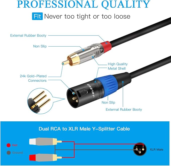 Unbalanced Dual RCA to XLR Male Y Splitter Patch Microphone Cable, 1 XLR Male to 2 RCA Male Y Adapter Cord Cable, 6.6 Feet