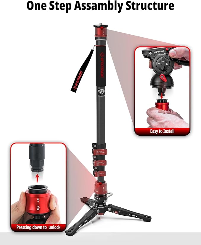IFOOTAGE 71”Carbon Fiber Monopod with Feet Cobra 3 Monopod C180F-P,Pedal Base Tripod CB3 Base-P Low Profile,for Sony,Nikon,DSLR,Max.Payload 17.64lb/8KG