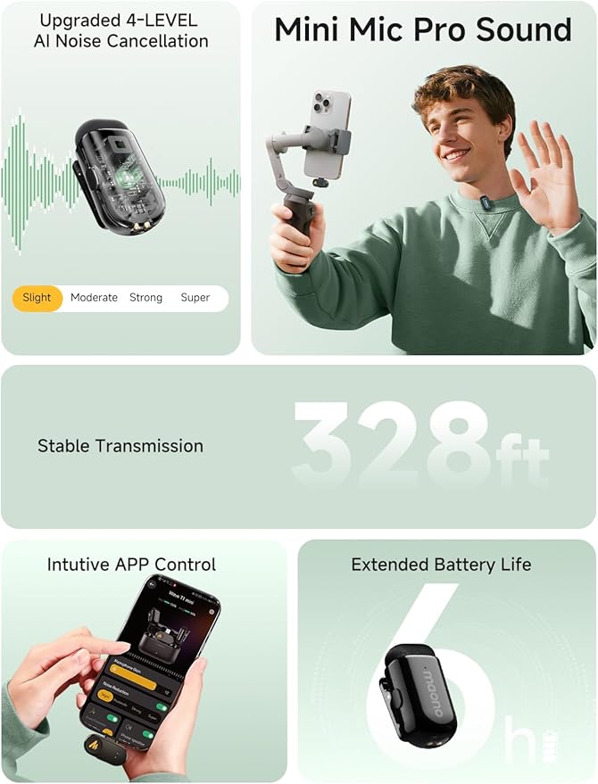 MAONO Wave T1 Mini Wireless Lavalier Microphone for iPhone 17 16 15, Android, Tablet, PC, Clip on Lapel Mic with USB-C Plug, Noise Cancellation, AI Voice Filter for Video Recording Vlog TikTok YouTube
