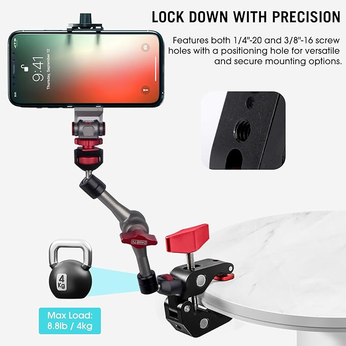 Came-TV Super Clamp Camera Mount with 1/4" and 3/8" Thread Holes, Aluminum Crab Clamp Mount with Locating Holes/Rubber Pads for Most Photographic Accessories, Max. Load 8.8lbs (64003B)
