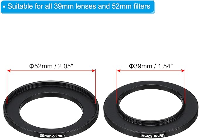 PATIKIL 39mm-52mm Metal Step Up Ring with Cleaning Cloth, 2 Pack Camera Lens Filter Adapter Ring Aluminum Filter Adapter Ring for Camera Lenses Hood, Black