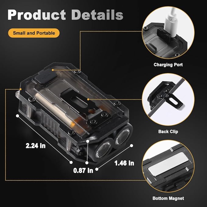 Mini EDC Flashlight, Small Powerful Keychain Flashlight with Sidelight, High Lumens 800lm, USB-C Rechargeable, Keychain Light with Clip - 8 Mode, IPX4 Waterproof, for Hiking, Running, 2Pack
