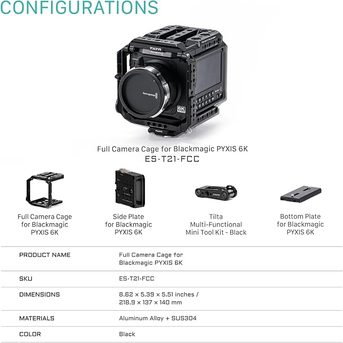 Tilta Camera Modular Full Cage Compatible with Blackmagic Pyxis 6K/ Pyxis 12K | Quick Release Bottom Plate | NATO Rai | Arri Rosette, Cold Shoe, SSD Mount | Multi-Thread Accessory Support