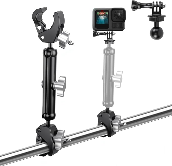 Double Super Clamp Camera/Umbrella Mount,360° Magic Long Arm Pole Clamp,Double Ball Head Adapter for Photo Studio Light Stand,Gopro,Golf Carts,Motorcycle,Cross Bars,Strollers (Black)