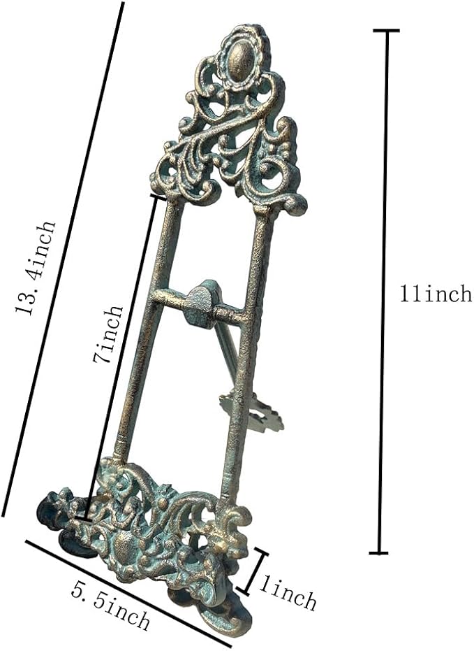 Decorative Metal Easel Stand, Vintage Turquoise Cast Iron, Ornate Scroll Design, 13.4x5.5 Inches, Display Holder for Art, Photo, Book,Tablet and More