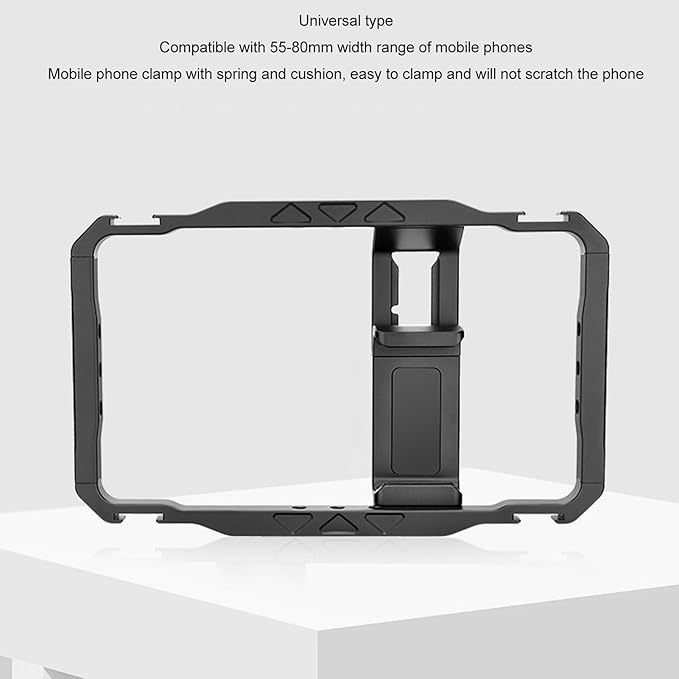 Universal Phone Cage, Aviation Aluminum Phone Video Rig with 12x 1/4 Threaded Holes 4X Cold Shoe Openings, Dual Handle Power Bank Stand, for Pixel 5580mm Width