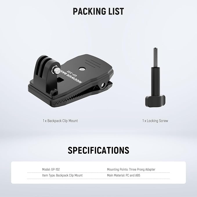 NEEWER Basics Backpack Strap Clip Clamp Mount Holder, Three Prong Adapter Compatible with GoPro Hero Insta360 DJI AKASO Action Camera Accessories for POV Video Recording, GP-102