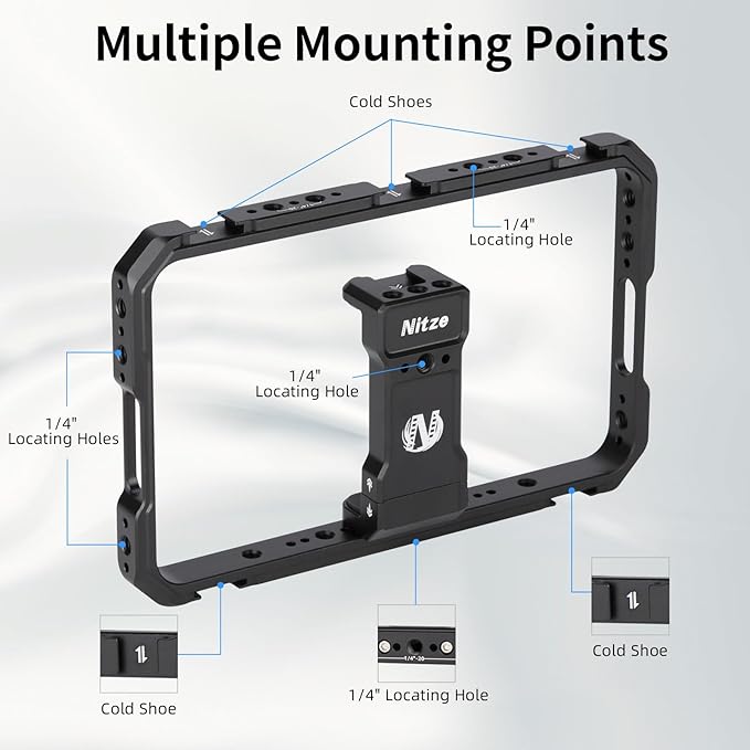 Nitze Smartphone Cage, Aluminum Phone Video Rig, with Adjustable Cellphone Clamp, 5 Built-in Cold Shoes, for Videomaker, Videographer, Vlogger and Youtuber - T-MP01A