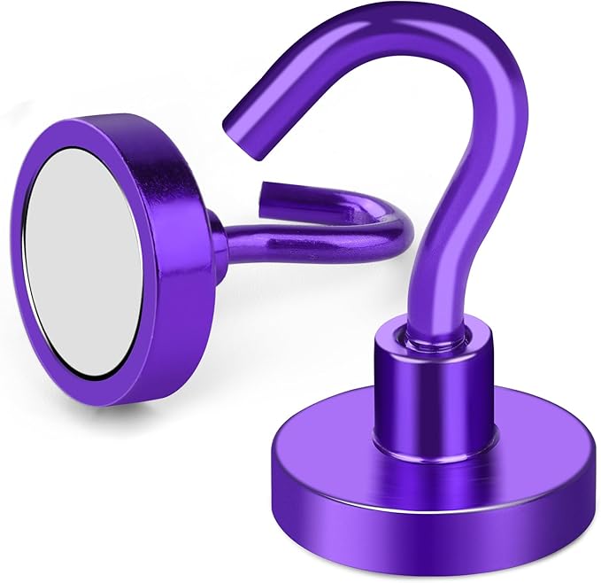 MIKEDE Magnetic Hooks Heavy Duty, 30LB+ Strong Magnets with Hook for Fridge, Neodymium Extra Strength Industrial Hooks for Hanging, Magnetic Hanger for Toolbox, Cruise, Grill (Purple, 4 Pack)