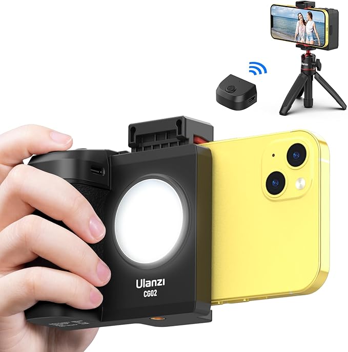 ULANZI CG02 Ungraded Smartphone Camera Shutter Handle Grip w Detachable Wireless Bluetooth Remote Control,Three-Gear Adjustable Fill Light for iPhone Samsung Google OnePlus Phones Video/Photo Shooting