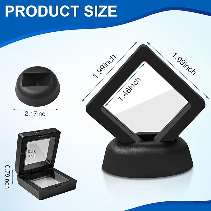 30PACK 3D Floating Frame Display Holder Stands PE Film Jewelry Storage Box Transparent Displays Cases for Medallion Challenge Coin Fossils Rocks,1.99 x 1.99 x 0.8 Inch