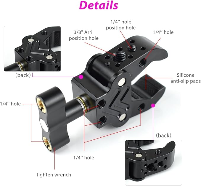 Super Clamp with 1/4" 3/8" Threads, Camera Clamp Mount for LED Lights,Magic Arm, Mic, Wireless Flash Receivers, Triggers, Photography Accessories