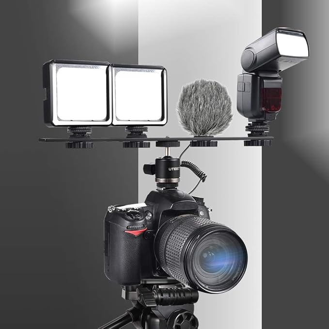 UTEBIT 11 inch Flash Bracket, Long Dual Camera Mount Flash Bracket Extension Bar with 1/4“ Hot Shoe, Straight Flash Brackets 1/4- 3/8 Thread Hole Tripod Mount for Camera/LED Light/Microphone