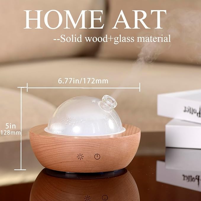 Glass Essential Oil Diffuser,Real Wood Base,The 2025 Upgrade Aromatherapy Diffuser,Aroma Diffuse Humidifier,LED Light in 7 Colors，Suitable for Home Office Bedroom（Non-Glass Reservoir）