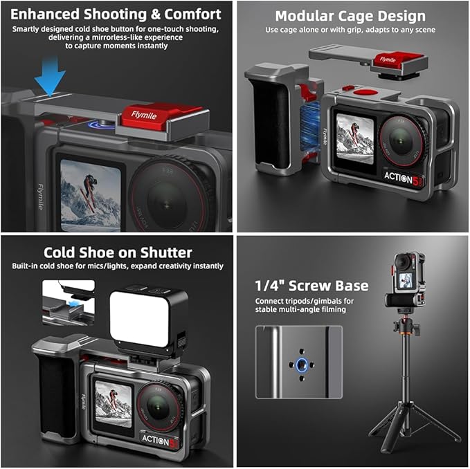 Handle Grip Kit for DJI Action 5 Pro, with Action 5 Pro Cage, Street Photography Quick Release Holder Mount, Shutter Button, Cold Shoe, 1/4 Threaded Hole for Tripod Selfie Stick