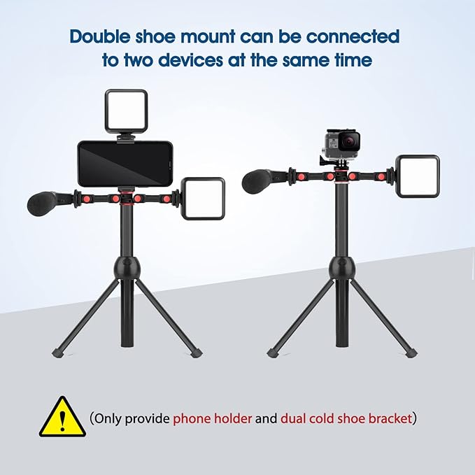 ChromLives Cold Shoe Mount Adapter with Phone Clip,Rotatable Dual Cold Shoe Extension Bracket Hot Shoe Mount Adapter for Led Light/Microphone