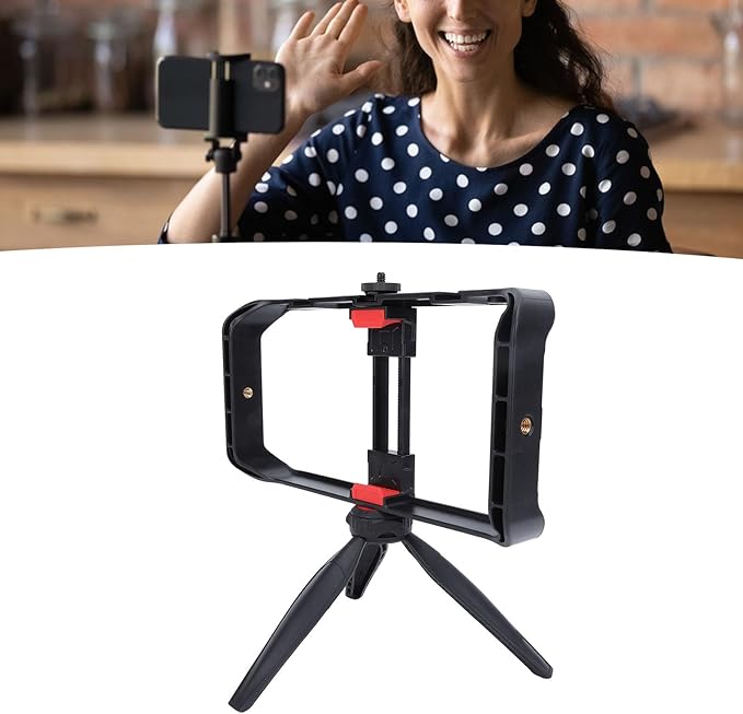Smartphone Video Rig Hand Grip Stabilizer Durable ABS Universal Phone Stabilizer Rig with Tripod for Live Streaming Filmmaking Vlogging 1/4 Inch Screw Cold Shoe Mount