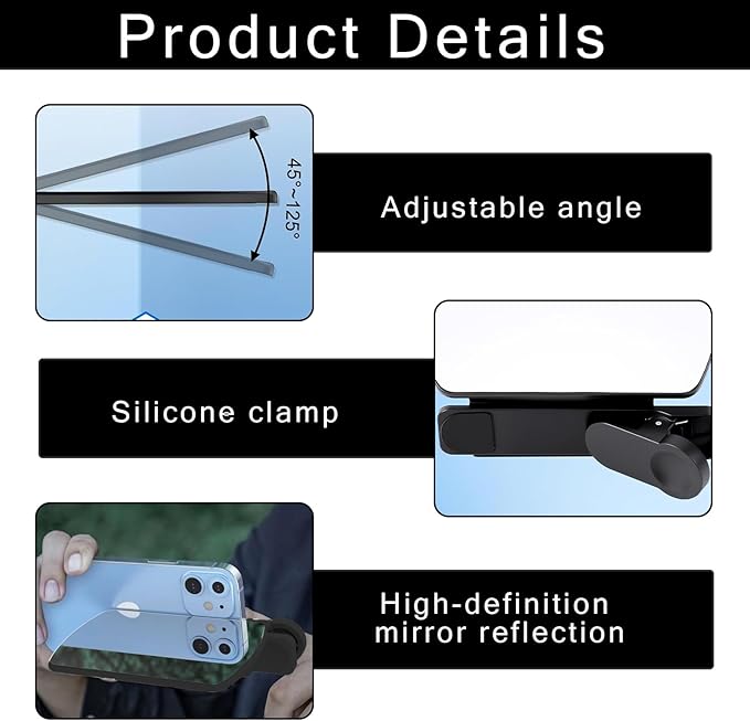 Mirror Reflection Clip,Smartphone Camera Mirror Reflection Clip Kit,Phone Mirror,Photography Accessories for All Smartphone, Easy Hd Glass-Mirror Clip-On Design for Travel & Selfie Photography