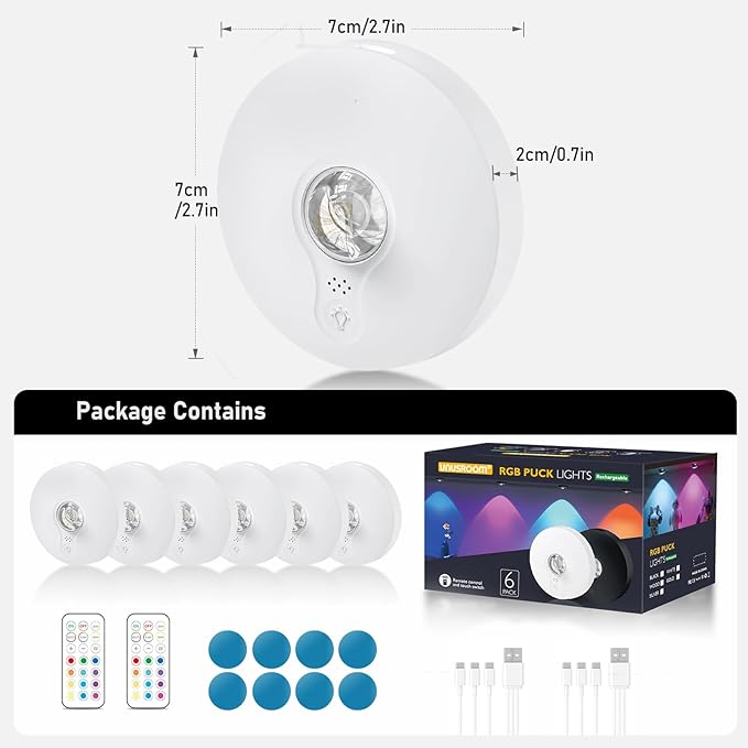 Rechargeable RGB Puck Lights,13 Colors Changeable LED Puck Lightings Remote Controls,6Pack LED Under Cabinet Counter Lighting,Battery Operated Tap Lights,Dimmable Wireless Closet lights for Kitchen