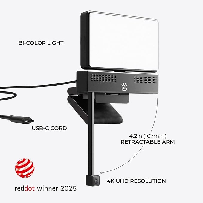 Pro HD 4K Webcam with Eye Contact, Noise Cancelling Mic, Plug and Play USB for Mac & PC Zoom, Wireless Webcam, Conferencing and Video Calling (Pro Camera + Light Panel)