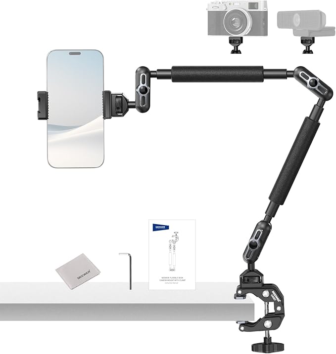 NEEWER Magic Arm Camera Mount, Overhead Desk Phone Mic Stand Holder, 22" Articulating Boom Arm C Clamp 1/4" 3/8" Threads for ARRI for Microphone Webcam Action Camera Video Light, Cleaning Cloth, UA057