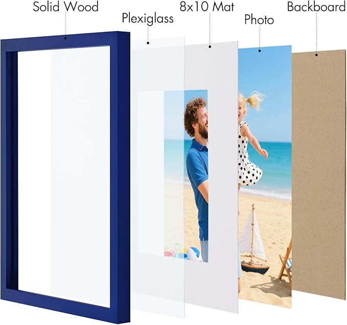 Vittanly 11x14 Picture Frame, Made of Solid Wood and Shatterproof Plexiglass, Display Pictures 8x10 with Mat or 8x10 without Mat, Wooden Photo Frame for Wall Mounting or Tabletop, Royal Blue, 1 Pack
