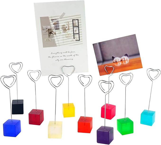10 pcs Paper Clip Hoder for Desk, Table Number Card Hoders Polaroid Photo Clip Stand for Postcard Picture Memo Menu Monmory Photo Christmas Wedding Number Card Display with Colorful Cube Base