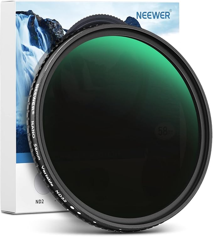 NEEWER 58mm HD Variable ND Filter ND2-ND32 (1-5 Stops) No X Cross/Optical Glass/30 Layer Nano Coated/Ultra Slim Aluminum Alloy Frame/Water Repellent/Anti Scratch Adjustable Neutral Density Filter