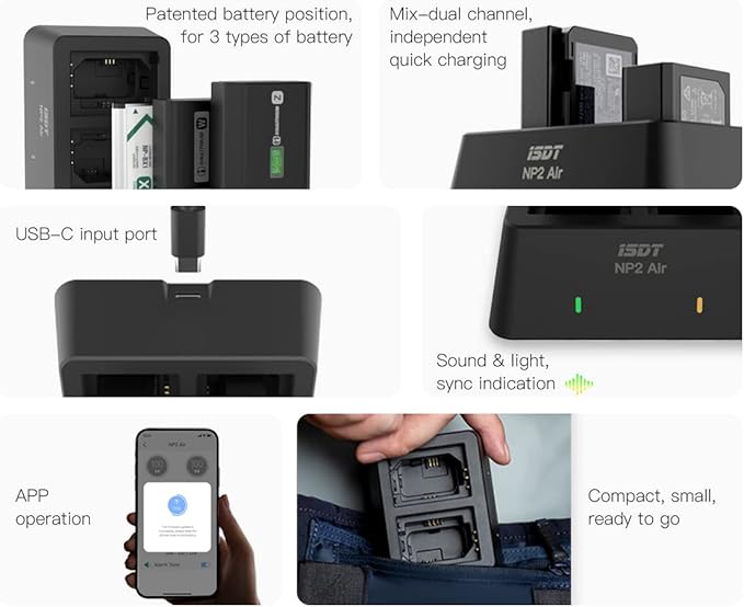 ISDT NP2 Air NP-fz100 NP-FW50 NP-BX1 Battery Charger 90 Mins Full Charge Max 25W Type-C Input Dual Channel Cybershot Charger Compatible for Sony A9 A7III A7RIII / Various Cameras Batteries