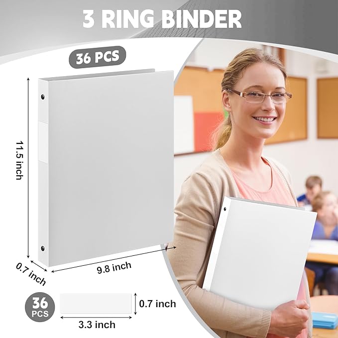 Henoyso 36 Pcs 3 Ring Binder 1/2'' Round Fits Letter Size 8.5'' x 11'' Paper Plastic Flexible Binder Holds 140 Sheets with 1 Pockets Versatile Organizer for Home Office School (White)