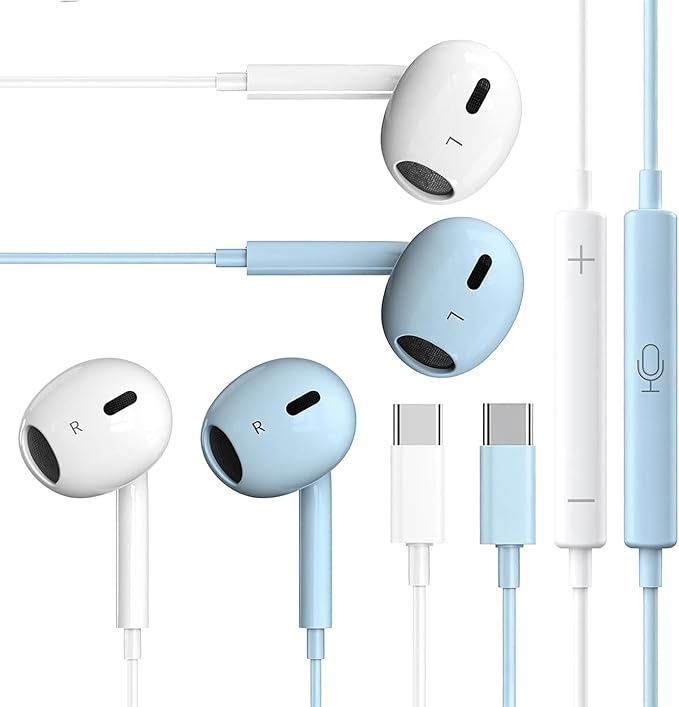 2 Packs USB C Headphones，Type C for iPhone Wired Headphones for iPhone 16/15/17 Earbuds with Mic and Volume Control，Hi-Fi Stereo In Ear Earphones for Galaxy S24/S23~S20/Ultra Note 10/20，White+Blue