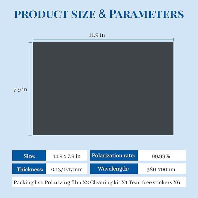 Polarized Film Sheets, Adhesive Polarizer,1 Piece Pack LCD Polarizing Film, with Cleaning Kit, Size 7.9 X 11.9 in, Suitable for LCD Screen Repair and Physics Education