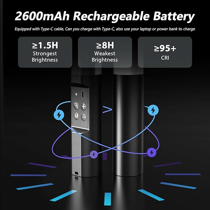 Handheld RGB Studio Tube Light with 1000 Lumens & Rechargeable 2600mAh Battery & Adjustable Brightness & Color, LED Light Stick for Photography, Video, Gaming