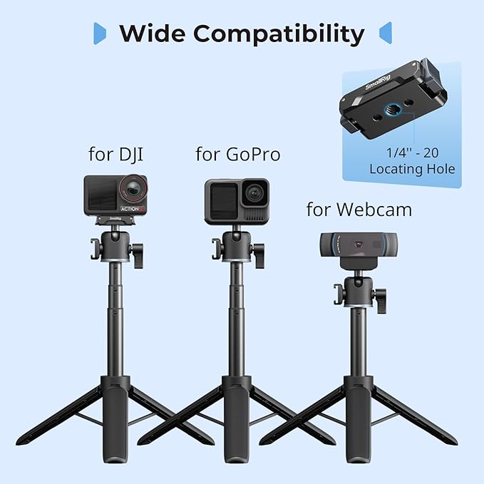SmallRig Action Camera Selfie Stick Tripod, 7.8-21.6in Extendable, 360° Ball Head, Cold Shoe Mount, Quick Release Adapter for DJI Action 5 Pro/4, 1/4-20" Screw for GoPro Hero 13/12/11, Webcam - 5435