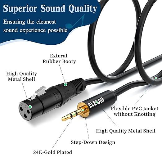 Elecan 3.5mm (1/8 Inch) TRS Aux Male to XLR Female Cable 10 Ft, Balanced Professional Shielded Stereo Microphone Cable Cord,Gold Plated for DSLR Camera Mixer Headphones with 3.5 to 6.35mm Adapter+Ties