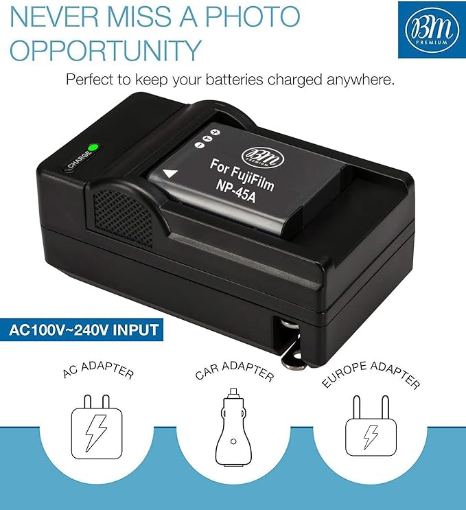 BM NP-45A Battery and Charger for Fujifilm INSTAX Mini 90, FinePix XP130, XP140, XP150, XP170, XP200, XP50, XP60, XP70, XP80, XP90, T400, T500, T510, T550, T560, JX550, JX580, JX590, JX700, JX710