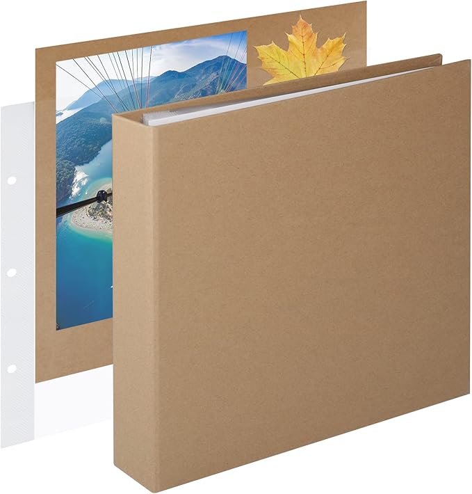 1DOT2 8x8 DIY Small 3 Ring Scrapbook Photo Album Journal with 30 Plastic Sleeves 60 Pages and Kraft Paper Cover for Baby Travel Wedding Couple Anniversary Kids Adventure (8x8 Inch, Yellow)