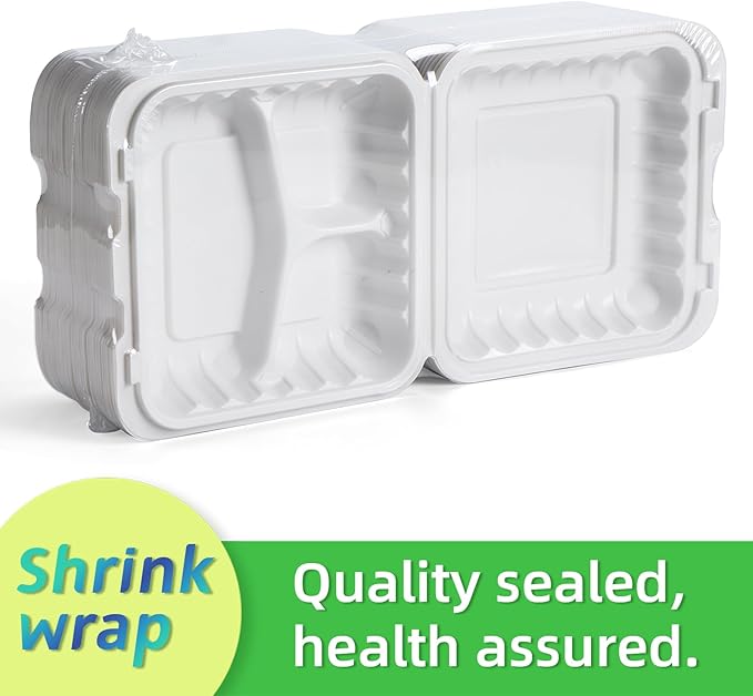 LEOBOX Takeout Container Mineral Filled PP Plastic - 55 Pack 8 Inch 34oz | Shrink Wrap BPA Free Food Container | Freezer & Microwave Safe for Food Delivery | White 3 Compartment Disposable Lunch Boxes