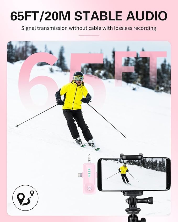 Wireless Lavalier Microphone for iPhone/Android/Camera, Upgraded Mini Microphone with Noise Reduction, 4 Mic for Video Recording, Podcasts, YouTube, TikTok, and Vlogging (Pink)