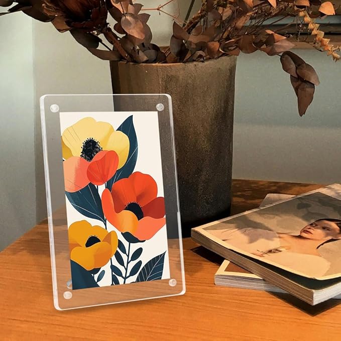 LIANHELILAI 5x7 Picture Frame Clear Acrylic Magnetic Tabletop Photo Frame Frameless with Removable Magnetic Stand for Home/Office Desk/Table Picture/Note Display, 2 Pack (Clear, 5 * 7 in)