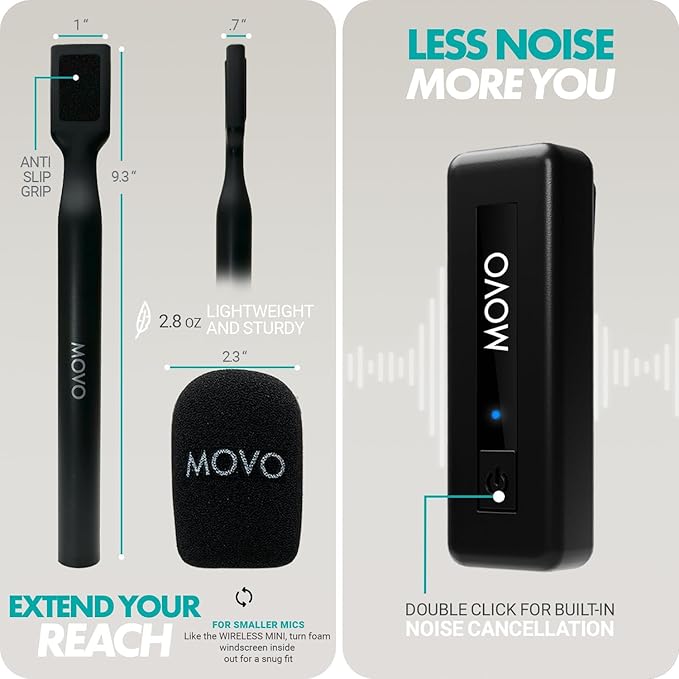 Movo Wireless Mini DI Duo Dual Ultra Compact Wireless Lavalier Microphones for iPhone with Handheld Adapter - Lapel Mic with Handle Mount for Content Creators, Interviews, Reporting and More