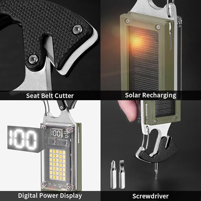 BY-J LED Multitool Small Flashlight, Keychain Light, Solar Rechargeable COB Multi-Function Mini Work Light, 1000 Lumens Rechargeable, 8 Lighting Modes Green