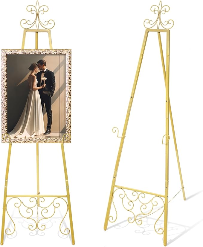 Gold Easel Stand for Wedding Sign, 55'' Adjustable Vintage Scroll Floor Display Stand with Chain Support for Welcome Poster, Art, Photo, Decorative Event Display